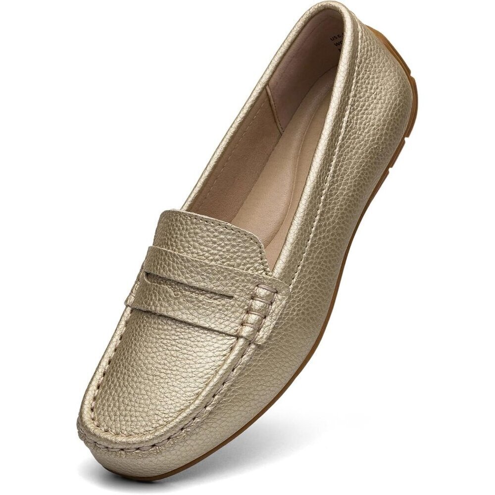 Kordal Women's Gold Leather Comfortable & Lightweight Penny Loafers Flats
